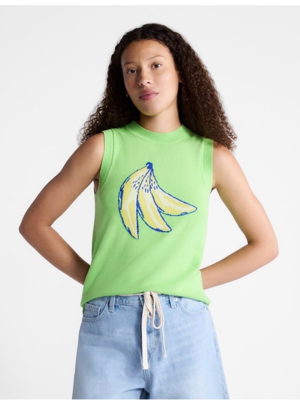Sleeveless Banana Intarsia Knit Tank - Lime